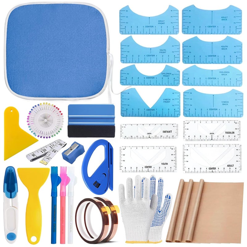 DNSGOOR Sublimation Shirts Tool Kits for Vinyl Alignment,Portable Pad for Ironing,T-Shirt Rulers Guide and Teflon Sheet for Cricut Heat Press HTV Vinyl Center Designs,Craft Sewing Accessories - Image 1
